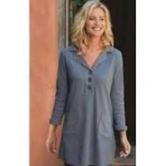 Soft Surroundings Gray Take Two Tunic Top Waffle Knit Buttons Collared Size M - Picture 4 of 7